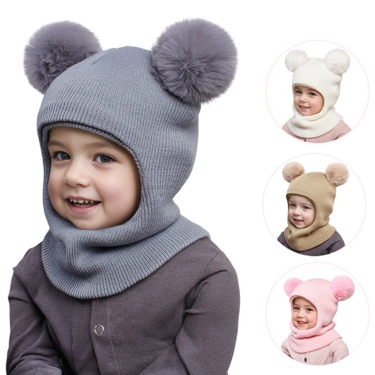 Touca Infantil com Cachecol Integrado – Modelo Tricô com Pompom | Para Meninos e Meninas de 1 a 5 Anos