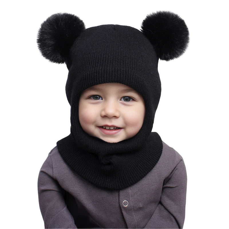 Touca Infantil com Cachecol Integrado – Modelo Tricô com Pompom | Para Meninos e Meninas de 1 a 5 Anos
