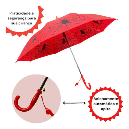 Guarda-Chuva Infantil Automático com Estampa de Aranha – Resistente ao Vento e com Apito Divertido | Modelo L & Q