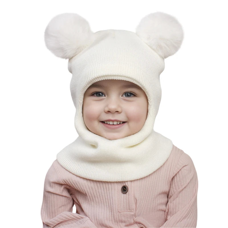 Touca Infantil com Cachecol Integrado – Modelo Tricô com Pompom | Para Meninos e Meninas de 1 a 5 Anos